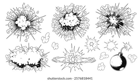 Multiple dynamic explosions are illustrated in black and white showcasing various shapes and sizes of blasts. Each burst features dramatic cloud formations and energy lines.