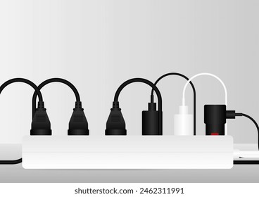 Multiple Electric Plugs and Power Outlet. Save Energy and Electricity Concept. Vector Illustration. 