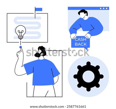 Multiple elements include a man pointing at a lightbulb representing ideas, another man with a cashback message on a computer, and a cog symbol. Ideal for ideas generating, finance, teamwork