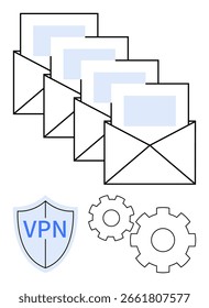 Multiple emails, VPN shield icon, gear icons symbolizing technical settings. Ideal for digital security, privacy, email safety, VPN usage, technical settings online communication IT solutions. Line