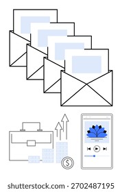 Múltiplos envelopes com cartas, pasta, crescente gráfico de barras, moeda e smartphone mostrando conteúdo multimídia. Ideal para negócios, comunicação, finanças, marketing e campanhas de e-learning