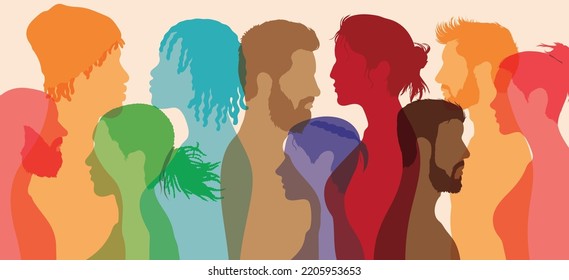 Multiple exposure, Conference or debate. Discussion or comparison between friends in the crowd. People profile dialogue. Group of isolated people talking in coloured flat cartoons.