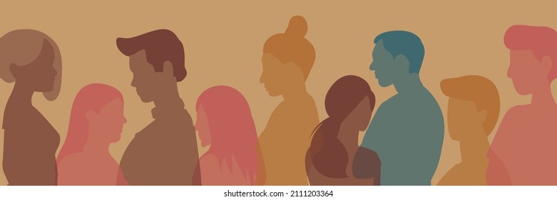 Multiple exposure and Many different people talking and Crowd talking. Rainbow colored profile silhouette. Diversity between people. Dialogue between people of different ages and ethnic groups.