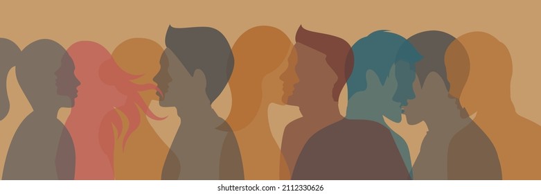 Multiple exposure and Many different people talking and Crowd talking. Rainbow colored profile silhouette. Diversity between people. Dialogue between people of different ages and ethnic groups.