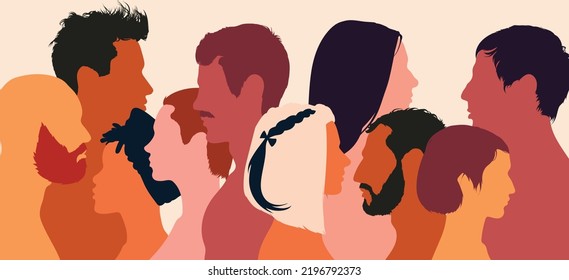 Multiple exposure to people of different ages and ethnicities. Conversation between people of different ages and ethnicities. Flat cartoon vector illustration.