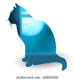Multiple exposure. Silhouette of a seated cat and a window with a moon. Beautiful night sky in a window.