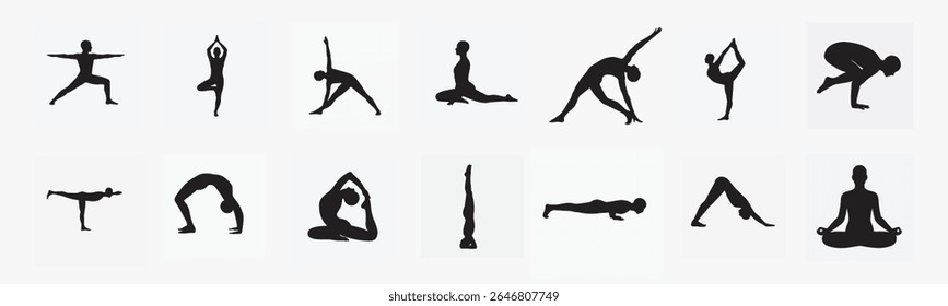 Uma silhueta de exposição múltipla de uma única figura fluindo através de uma Salutação do Sol (Surya Namaskar). As poses — Mountain Pose, Downward-Facing Dog, e Cobra Pose — são em camadas e semitransparentes