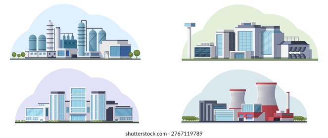 Multiple factory set scenes in clean flat style on soft colored backgrounds showing industrial concepts for production facilities. Vector illustration