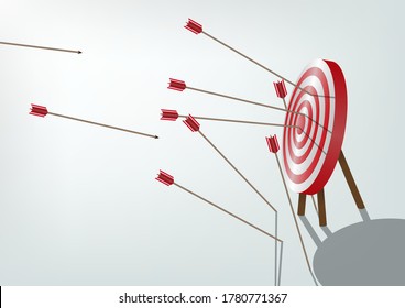 Multiple failed inaccurate attempts to hit archery target. Business challenge failure metaphor. Vector illustrations