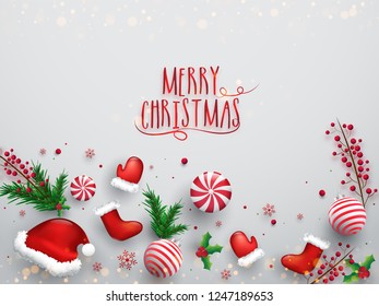 Multiple festival elements decorated on glossy white background for merry christmas celebration poster or greeting card design.