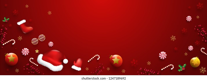 Múltiples elementos del festival decorados con brillantes antecedentes rojos para la celebración de navidad. Cabecera de sitio web o diseño de banner con espacio para el texto.