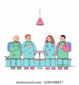 Multiple Figure Characters standing together, chatting and laughing. Illustration of Figure Characters hanging out.