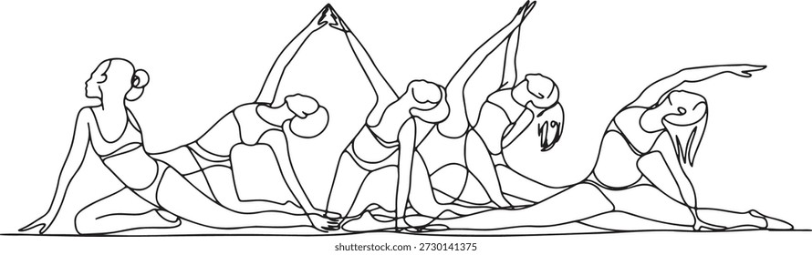 Multiple figures showing progression of yoga poses like pigeon pose and side bend in continuous single line drawing. Wellness and fitness illustration.