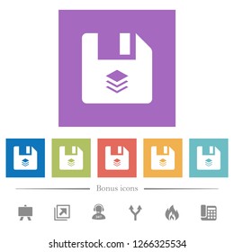 Multiple files flat white icons in square backgrounds. 6 bonus icons included.