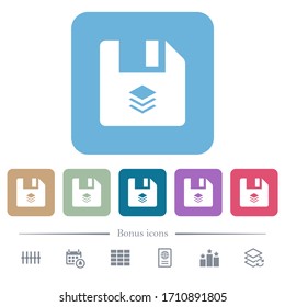 Multiple files white flat icons on color rounded square backgrounds. 6 bonus icons included