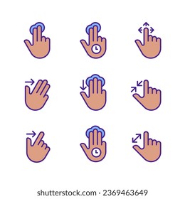 Multiple fingers gestures pixel perfect RGB color icons set. Touchscreen control. Tablet and phone navigation. Isolated vector illustrations. Simple filled line drawings collection. Editable stroke