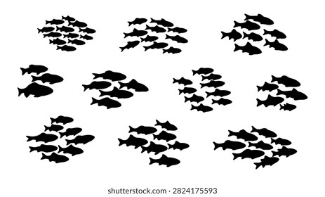 Multiple fish silhouettes in different swimming positions, illustrating aquatic movement and marine life diversity.