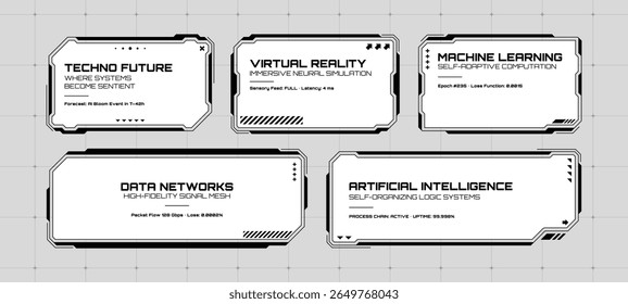Múltiplo quadro de caixa de texto hud futurista com techno, virtual, aprendizagem de máquina, dados, conceito de inteligência artificial