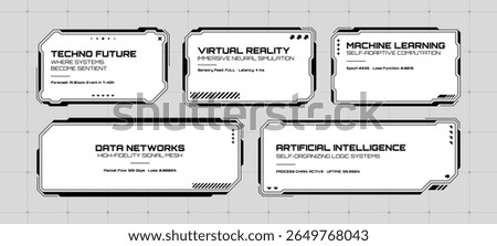 Multiple futuristh hud text box frame with techno, virtual, machine learning, data, artificial intelligence concept