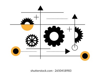 Multiple Gear Cogwheels Line Art Abstract Blueprint Design. Technology and mechanics concept vector art