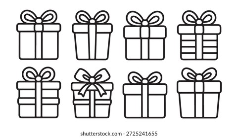 Múltiples estilos de cajas de regalo con cintas y lazos, Ilustraciones vectoriales de contorno minimalistas para proyectos festivos