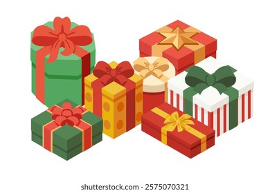 Multiple gift boxes in vibrant red, green, and yellow colors with patterned wrapping paper and decorative bows. Boxes are grouped closely. Vector illustration on white background