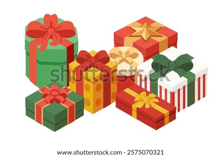 Multiple gift boxes in vibrant red, green, and yellow colors with patterned wrapping paper and decorative bows. Boxes are grouped closely. Vector illustration on white background