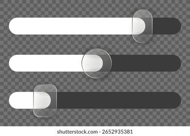 Painel de vários botões de vidro e conjunto de elementos. Quadros e botões transparentes. Controle deslizante de design UI e UX moderno, barras de rolagem, widget para rolagem