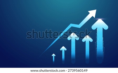 Multiple glowing arrows rise upward, forming a dynamic chart that highlights steady increase in finance and business growth. Bright gradient arrows point upward