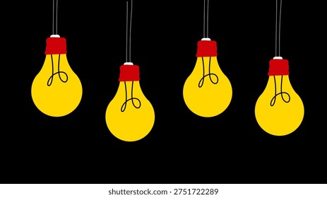 multiple glowing yellow incandescent light bulbs hanging on wires in the dark