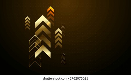 Multiple gold chevrons point upward, representing a surge in business growth and a positive finance outlook. and with gold gradients that symbolize success and upward mobility in the global finance market.