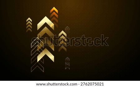 Multiple gold chevrons point upward, representing a surge in business growth and a positive finance outlook. and with gold gradients that symbolize success and upward mobility in the global finance market.
