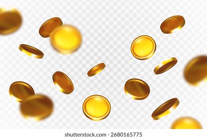 Múltiples monedas de oro que caen en posiciones aleatorias, estilo gráfico brillante, sobre un fondo a cuadros transparente. Concepto de riqueza. Ilustración vectorial