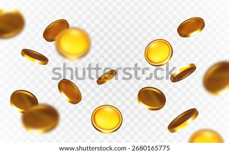 Multiple golden coins falling in random positions, glossy graphic style, on a transparent checkered background. Concept of wealth. Vector illustration