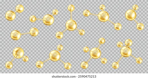 Multiple golden collagen molecules realistic color icons set. Complex network of structural integrity 3d objects bundle on transparent background