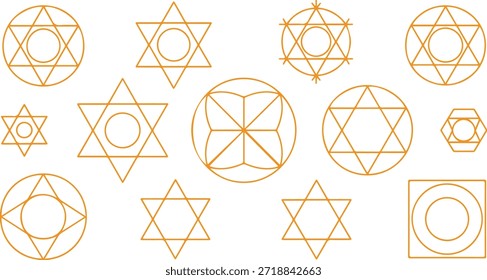 Multiple golden geometric shapes are arranged symmetrically against a bright, transparent background, exhibiting a minimalist vector with clean lines and precise shapes.