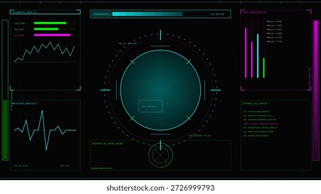 Aparecen varios gráficos y tablas en una pantalla oscura, que muestran el análisis de datos en tiempo real. El diseño incluye varias métricas y una visualización circular. Es tarde en la noche.