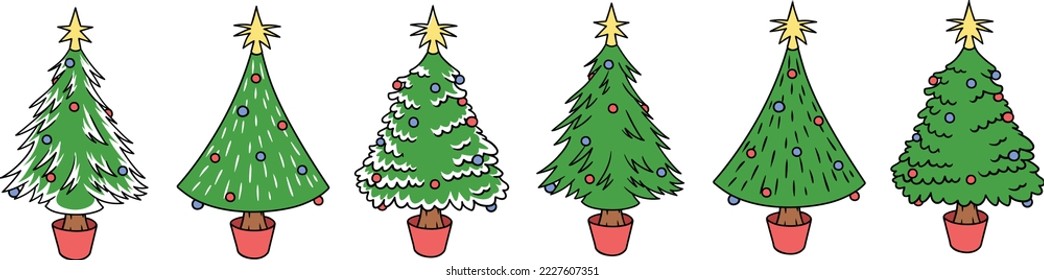 Multiple green christmas tree illustrations with and without snow, with ornaments and a star topper. in a tree stand pot. 