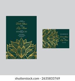 Múltiples hojas verdes con fondo verde oscuro blanco y negro. patrón, color dorado y concepto de tarjeta de boda de invitación generado digitalmente 