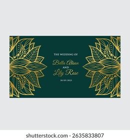 Multiple green leaves with black and white dark green background. pattern, golden color and invitation wedding card concept digitally generated 