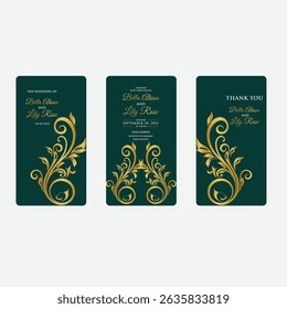 Múltiples hojas verdes con fondo verde oscuro blanco y negro. patrón, color dorado y concepto de tarjeta de boda de invitación generado digitalmente 