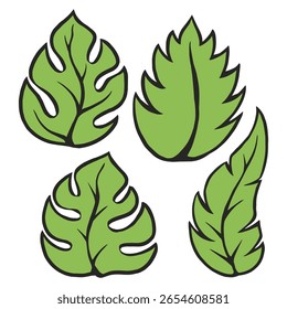 Multiple green leaves with unique shapes are displayed each showcasing different textures and designs. The leaves are vibrant and emphasize natural beauty and diversity in flora.