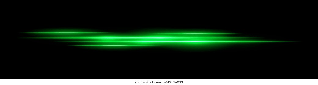 Multiple green light streaks with glowing motion blur on black background. Futuristic laser trails ideal for sci-fi overlays, HUD design, speed effects, or digital transitions.