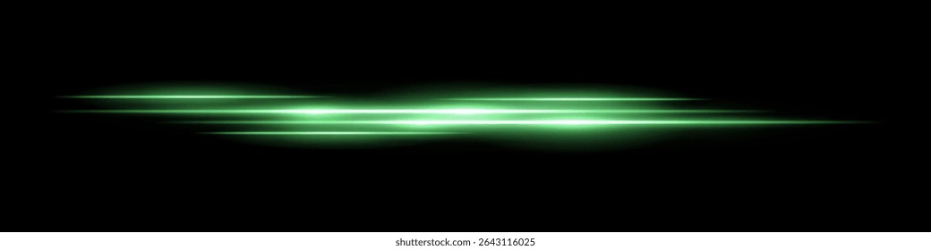Multiple green light streaks with glowing motion blur on black background. Futuristic laser trails ideal for sci-fi overlays, HUD design, speed effects, or digital transitions.