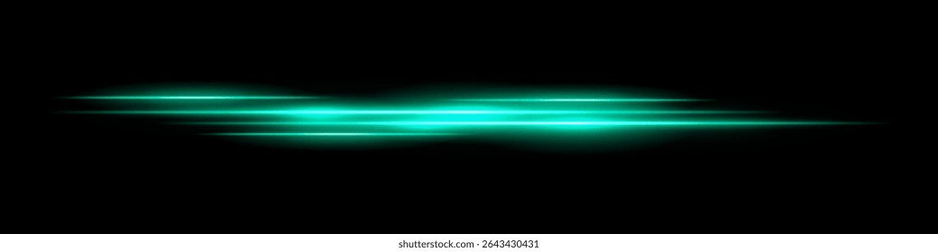Multiple green light streaks with glowing motion blur on black background. Futuristic laser trails ideal for sci-fi overlays, HUD design, speed effects, or digital transitions.
