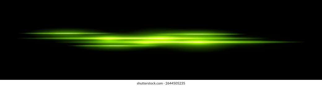 Multiple green light streaks with glowing motion blur on black background. Futuristic laser trails ideal for sci-fi overlays, HUD design, speed effects, or digital transitions.
