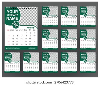 Multiple green and white calendar 2026 designs for company branding