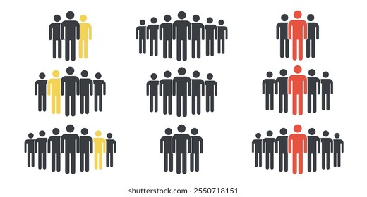 Multiple groups of stick figure icons with highlighted individuals in yellow and red on a white background.