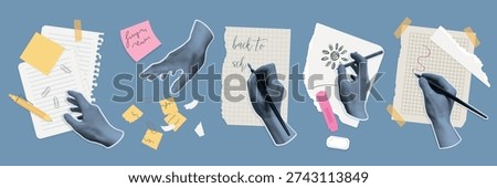 Multiple halftone hands holding pens and writing on various paper sheets, surrounded by stationery items, creative workspace concept, blue background vector illustration