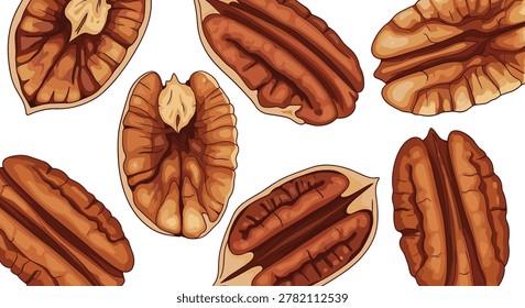 multiple halves of shelled pecan nuts are scattered across a white surface, showcasing their distinctive wrinkled texture and rich brown color.